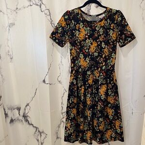 LulaRoe Amelia Floral Fauna Black Dress with Pockets